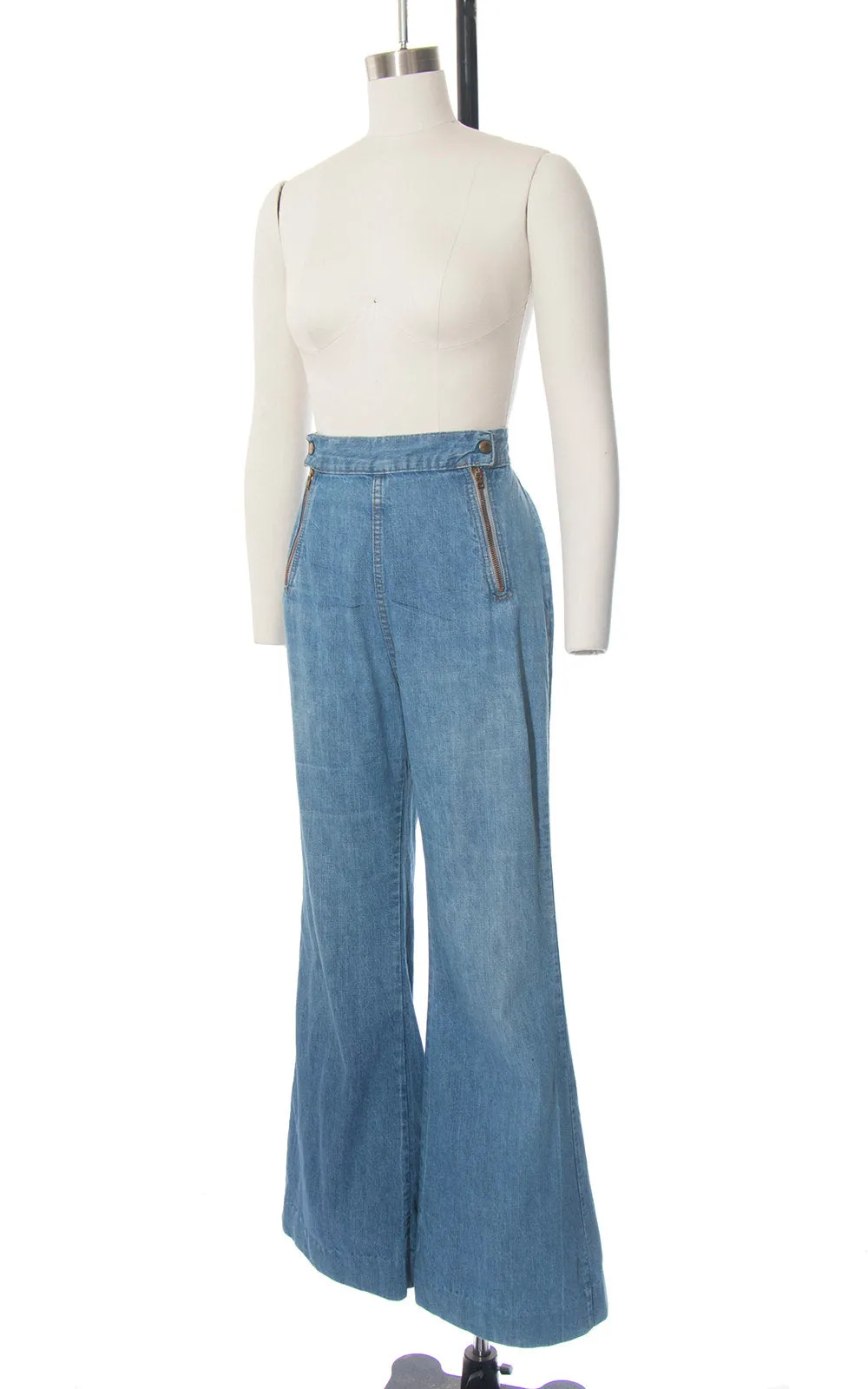 1970s Double Zippered Denim Bell Bottoms | medium