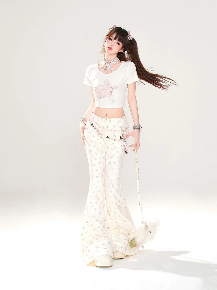 Apricot Low Waist Floral Pattern Slim-fitting Flared Pants