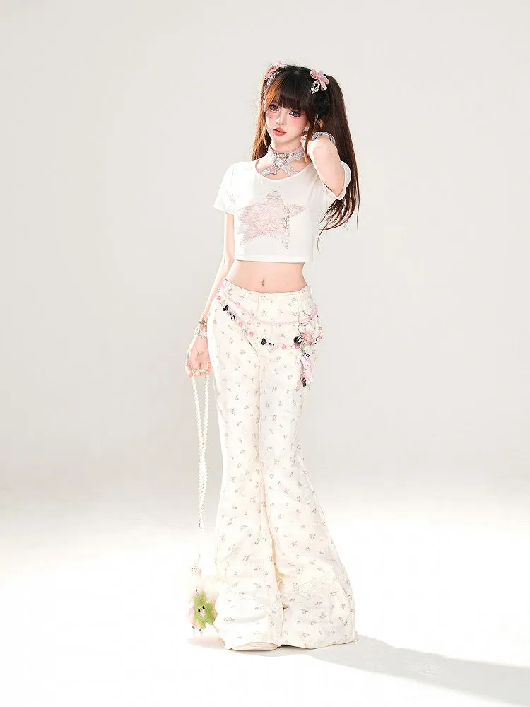 Apricot Low Waist Floral Pattern Slim-fitting Flared Pants