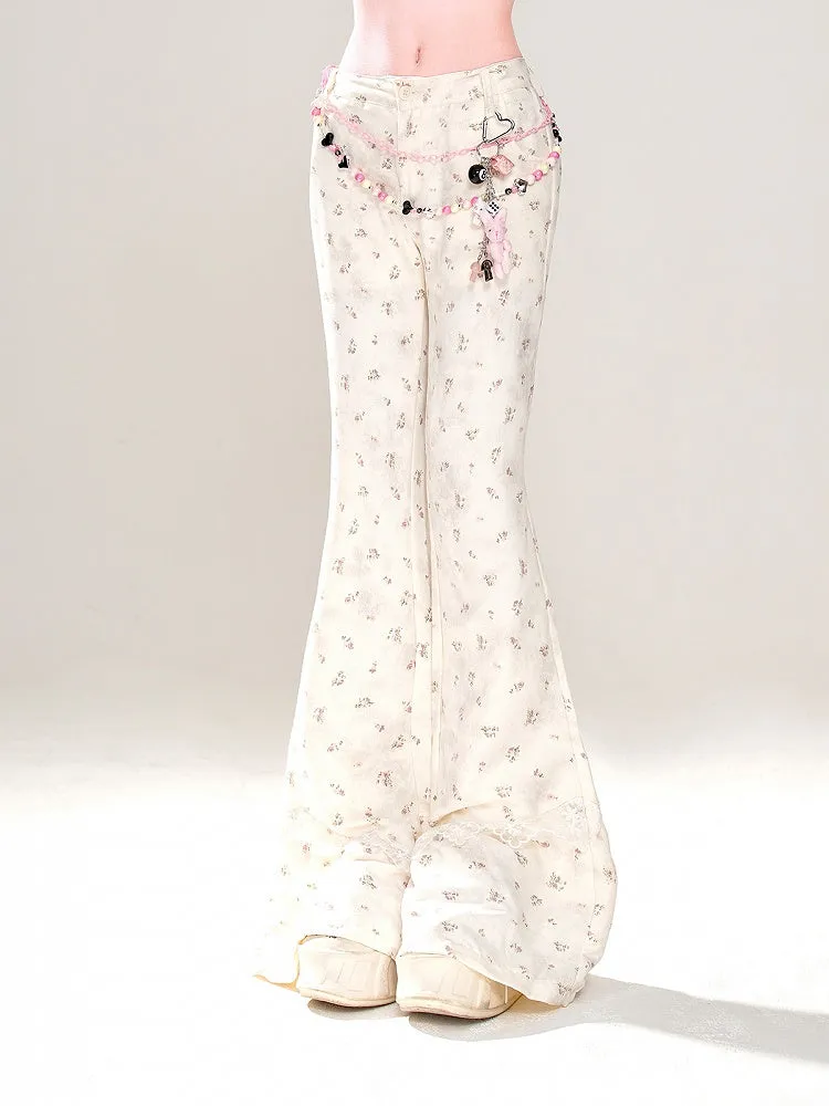 Apricot Low Waist Floral Pattern Slim-fitting Flared Pants