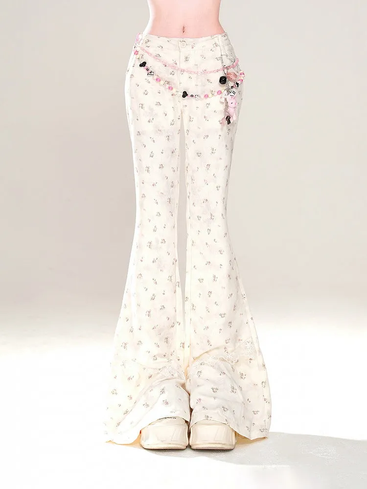 Apricot Low Waist Floral Pattern Slim-fitting Flared Pants