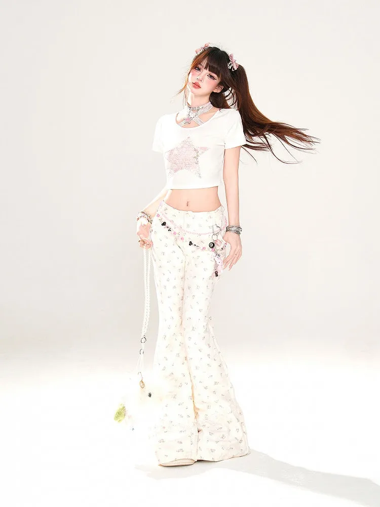 Apricot Low Waist Floral Pattern Slim-fitting Flared Pants