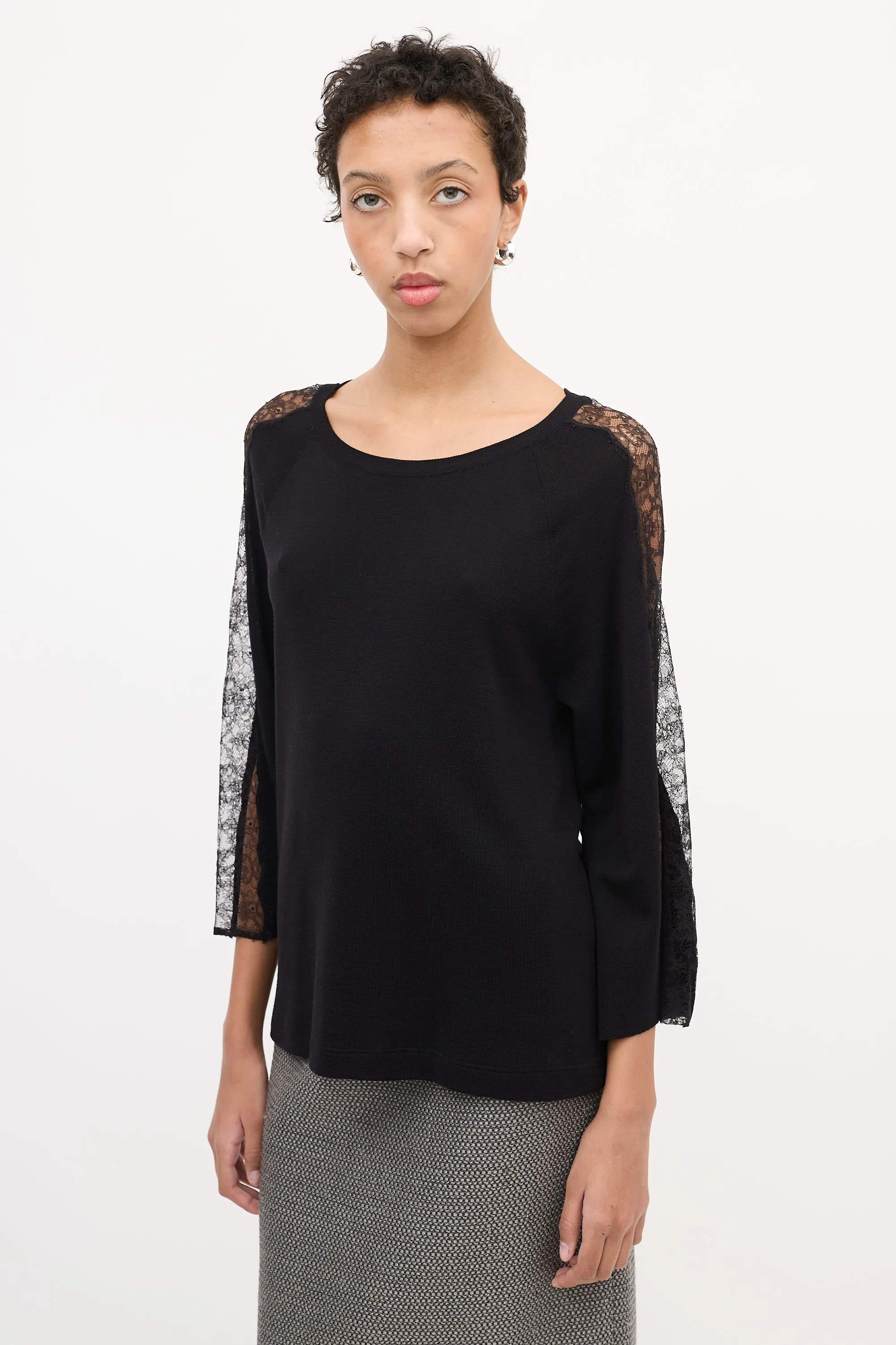 Black Wool Floral Lace Panel Sweater