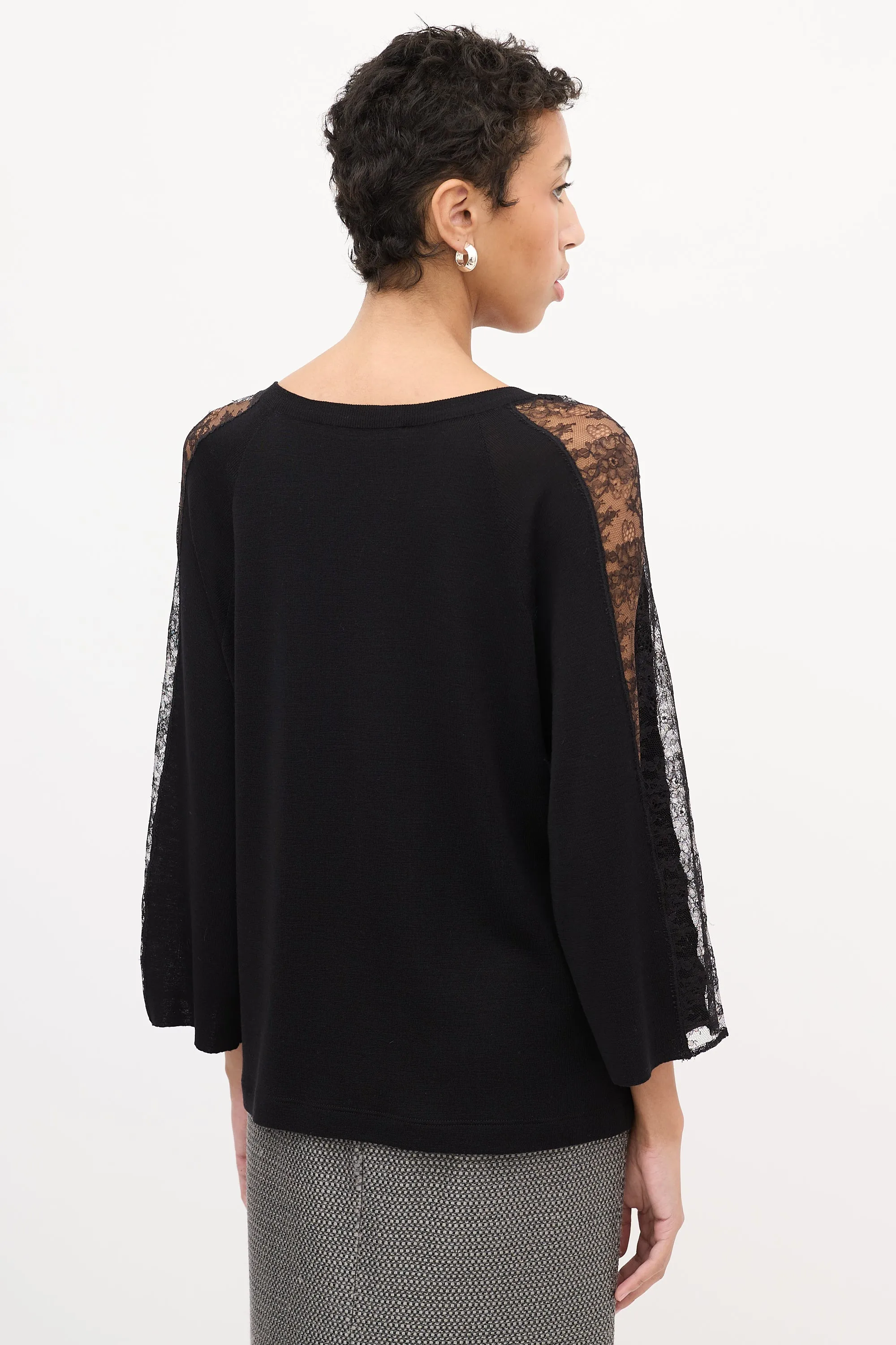Black Wool Floral Lace Panel Sweater