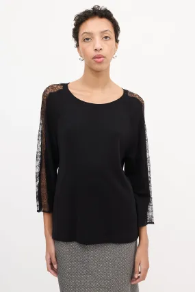 Black Wool Floral Lace Panel Sweater