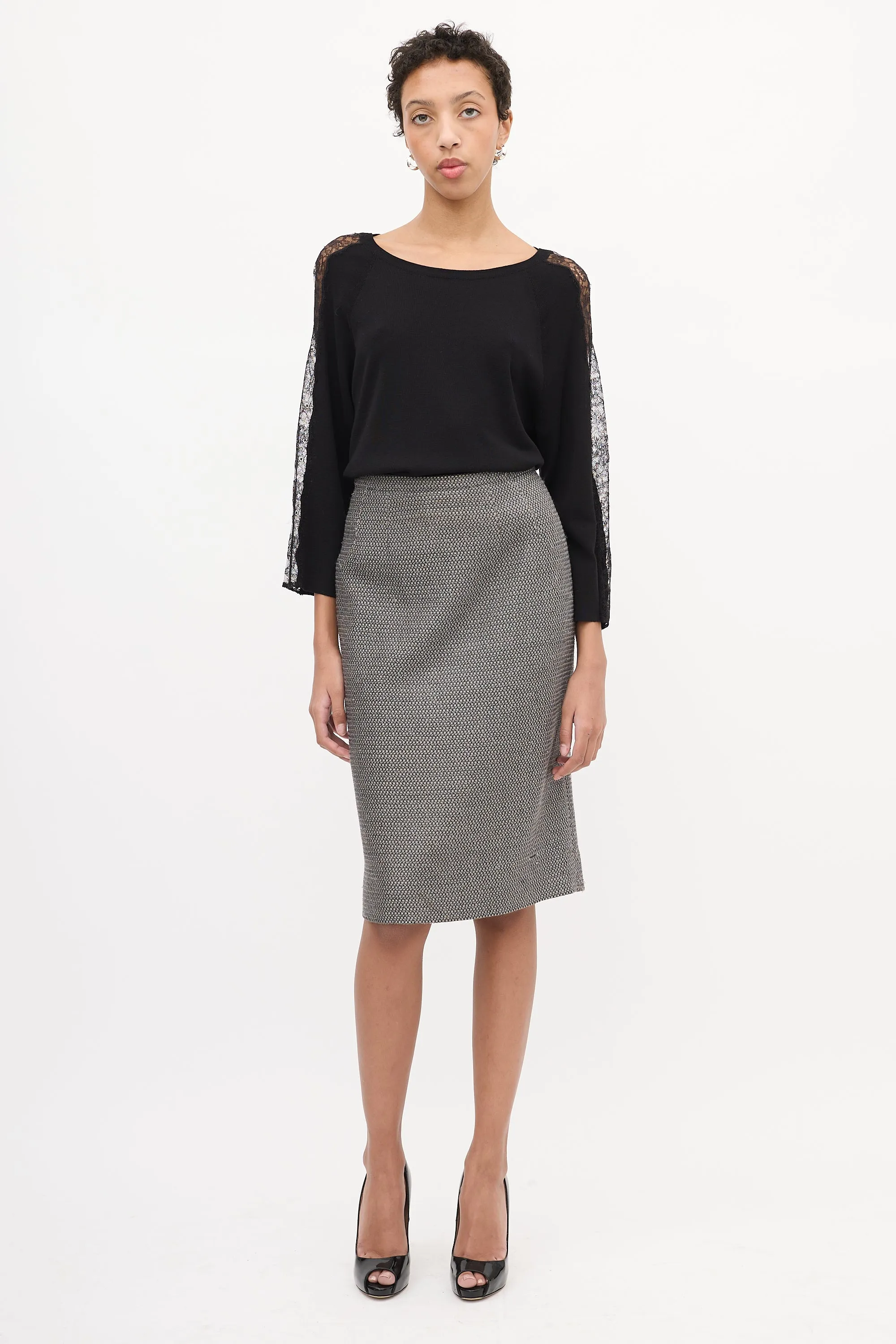 Black Wool Floral Lace Panel Sweater