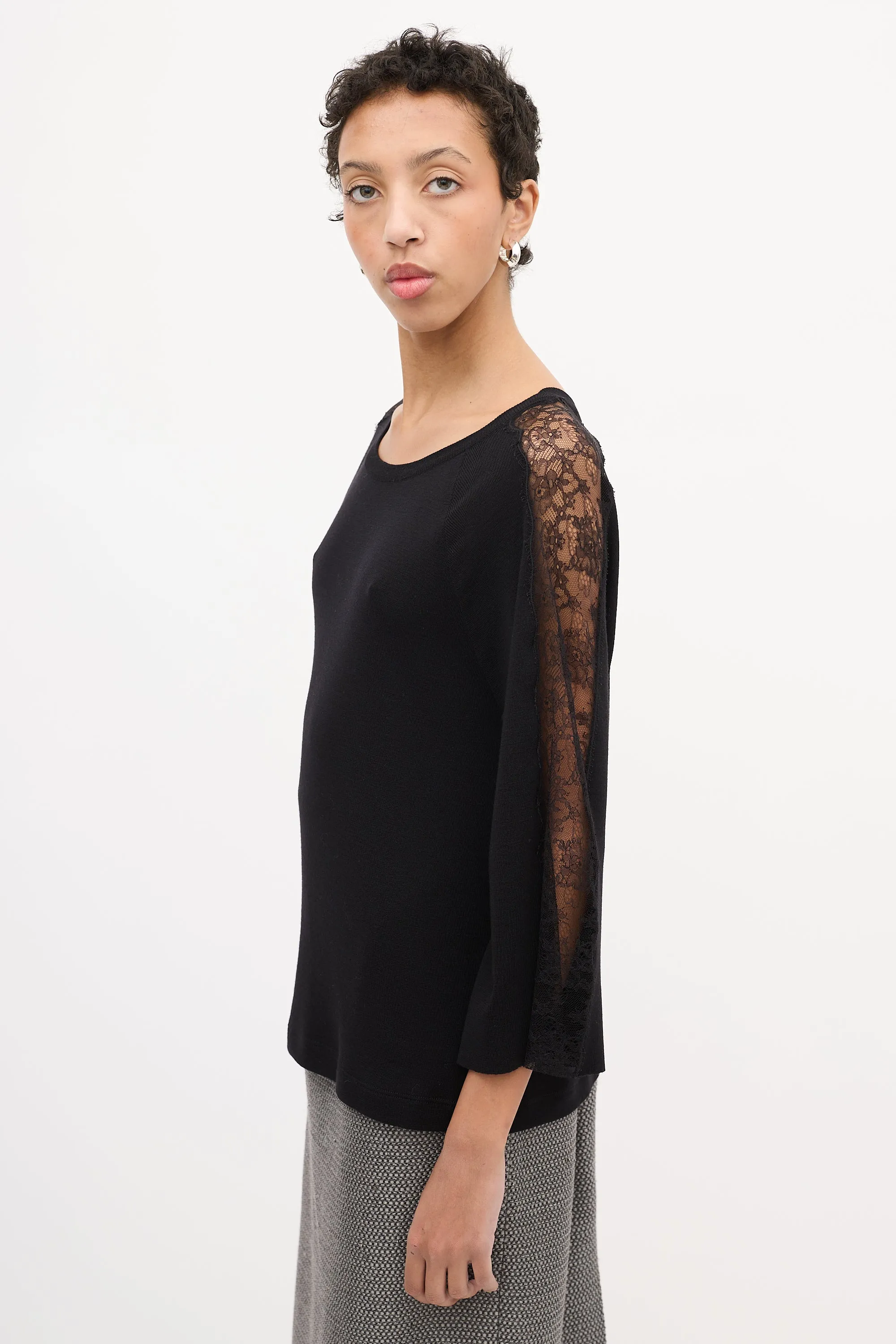 Black Wool Floral Lace Panel Sweater