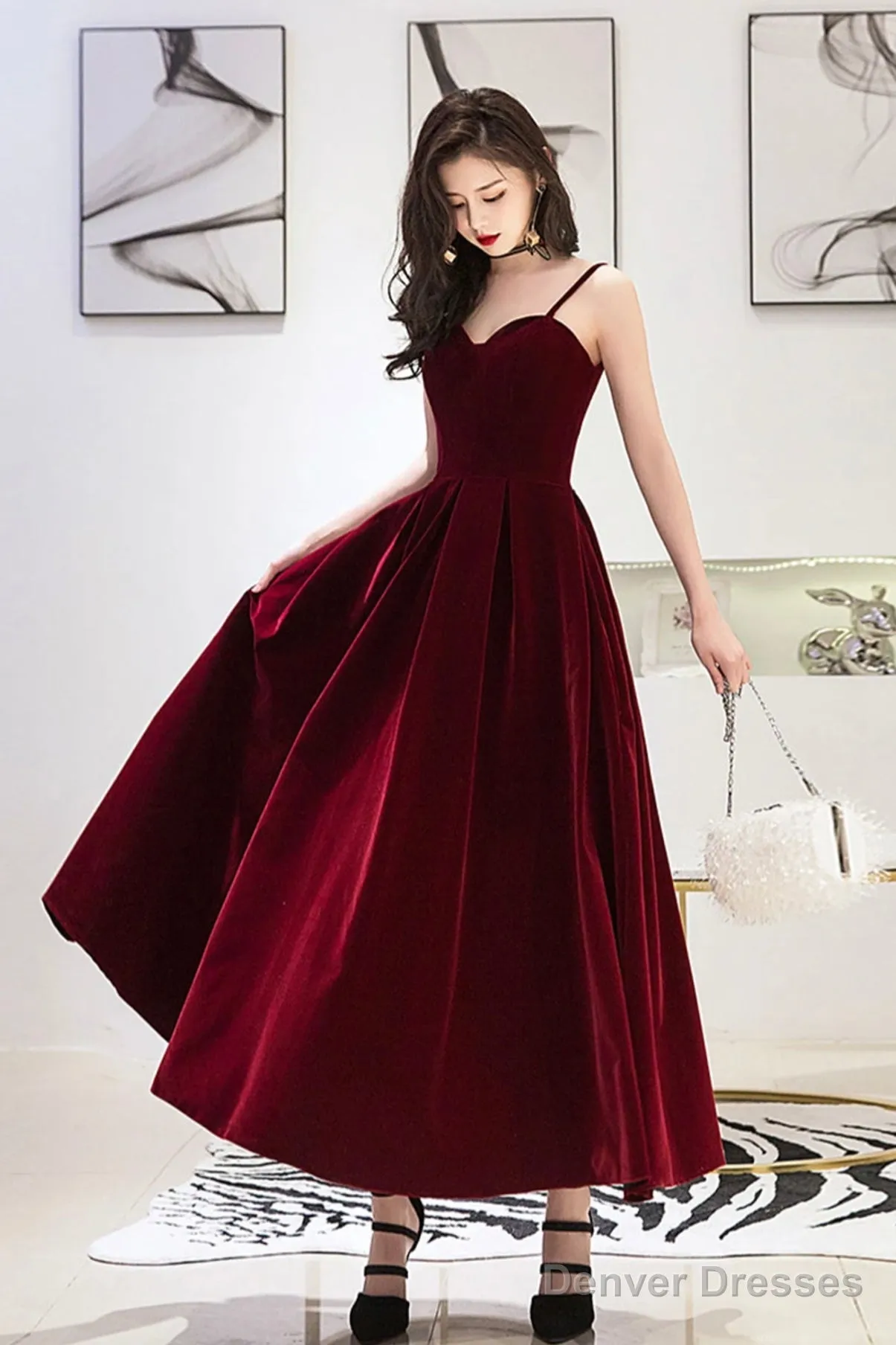 Burgundy Velvet A-Line Prom Dresses, Burgundy Evening Dresses