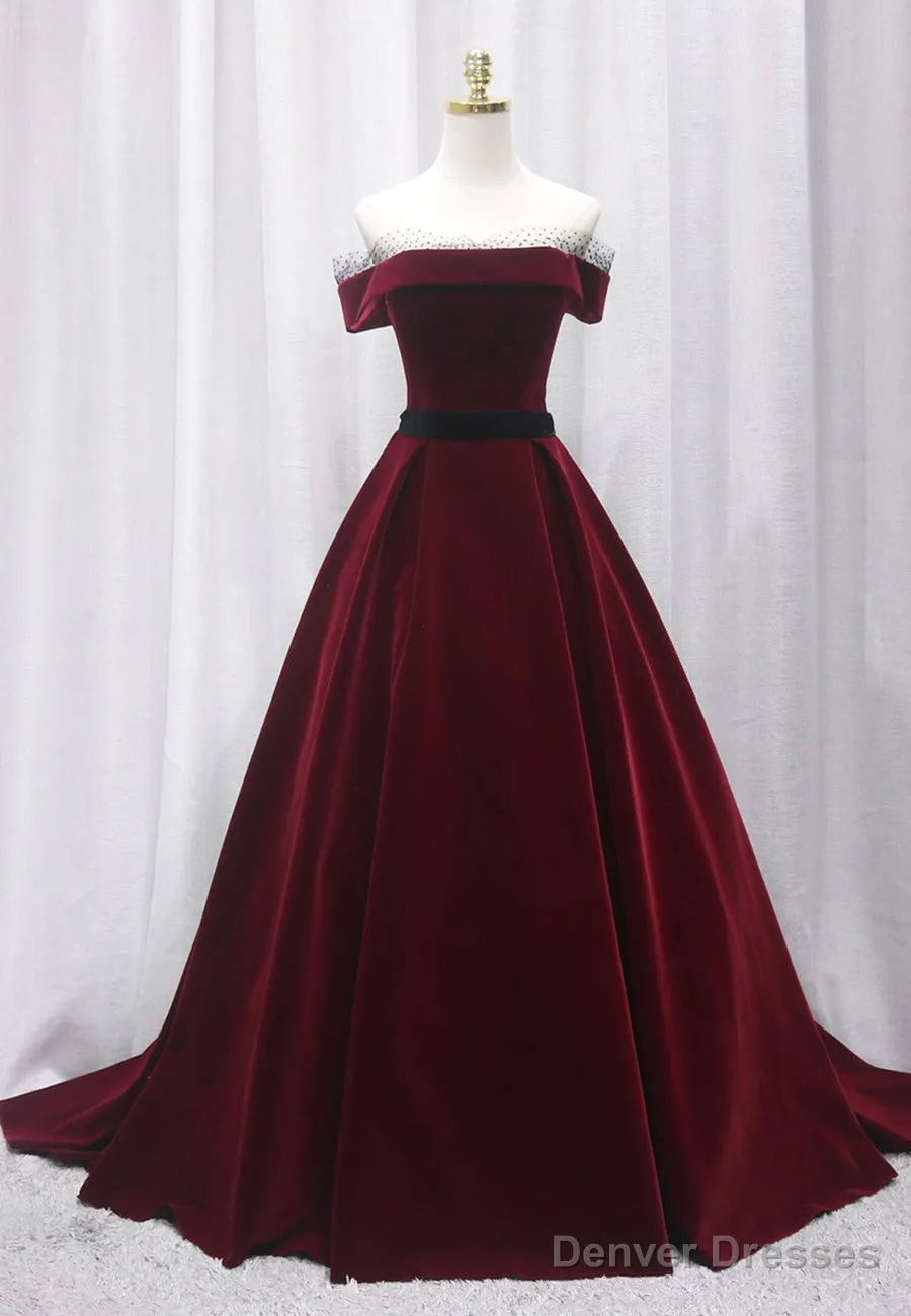 Burgundy Velvet Long Prom Dresses, A-Line Evening Dresses