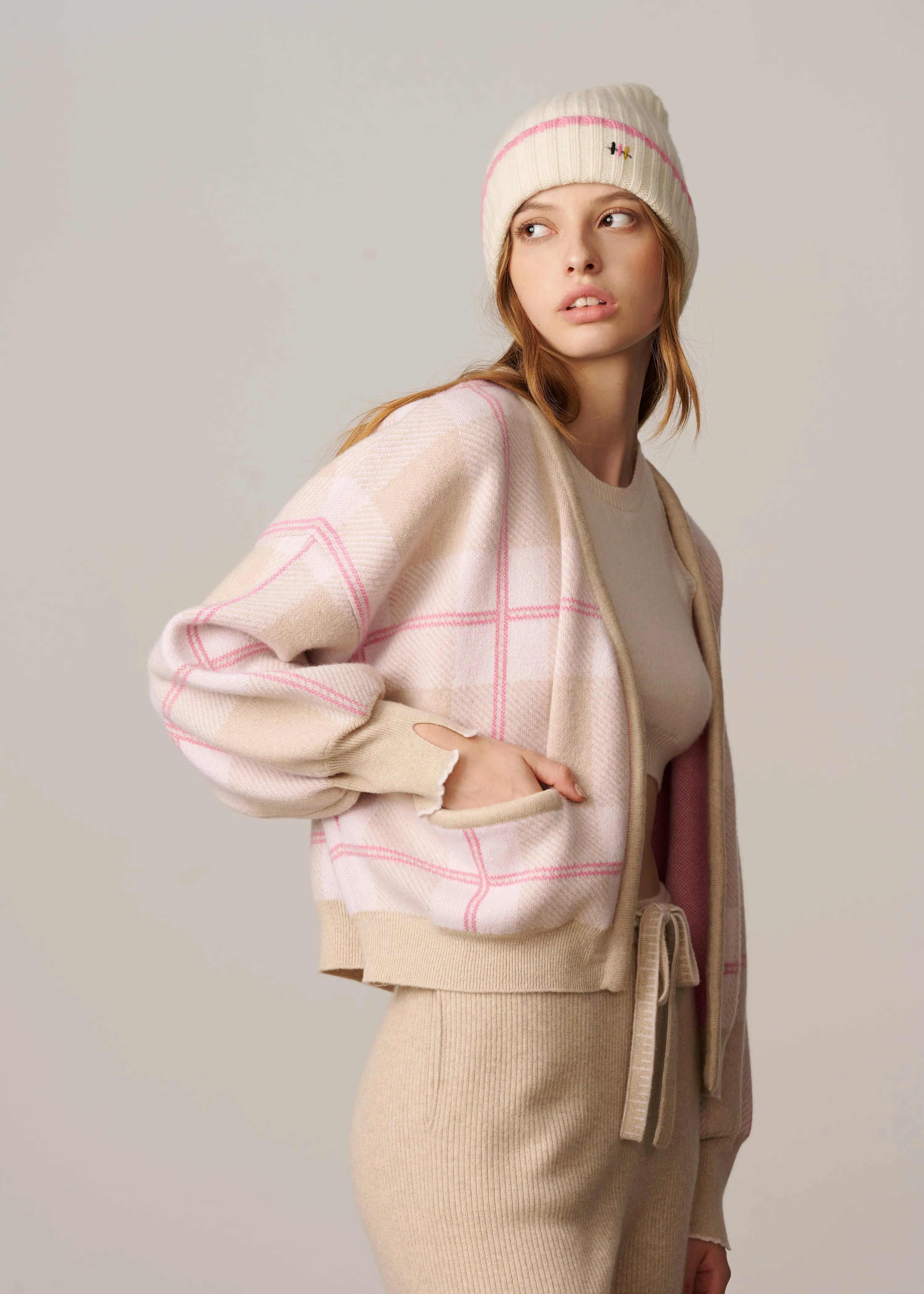 Charlotte Checked Cardigan - Beige