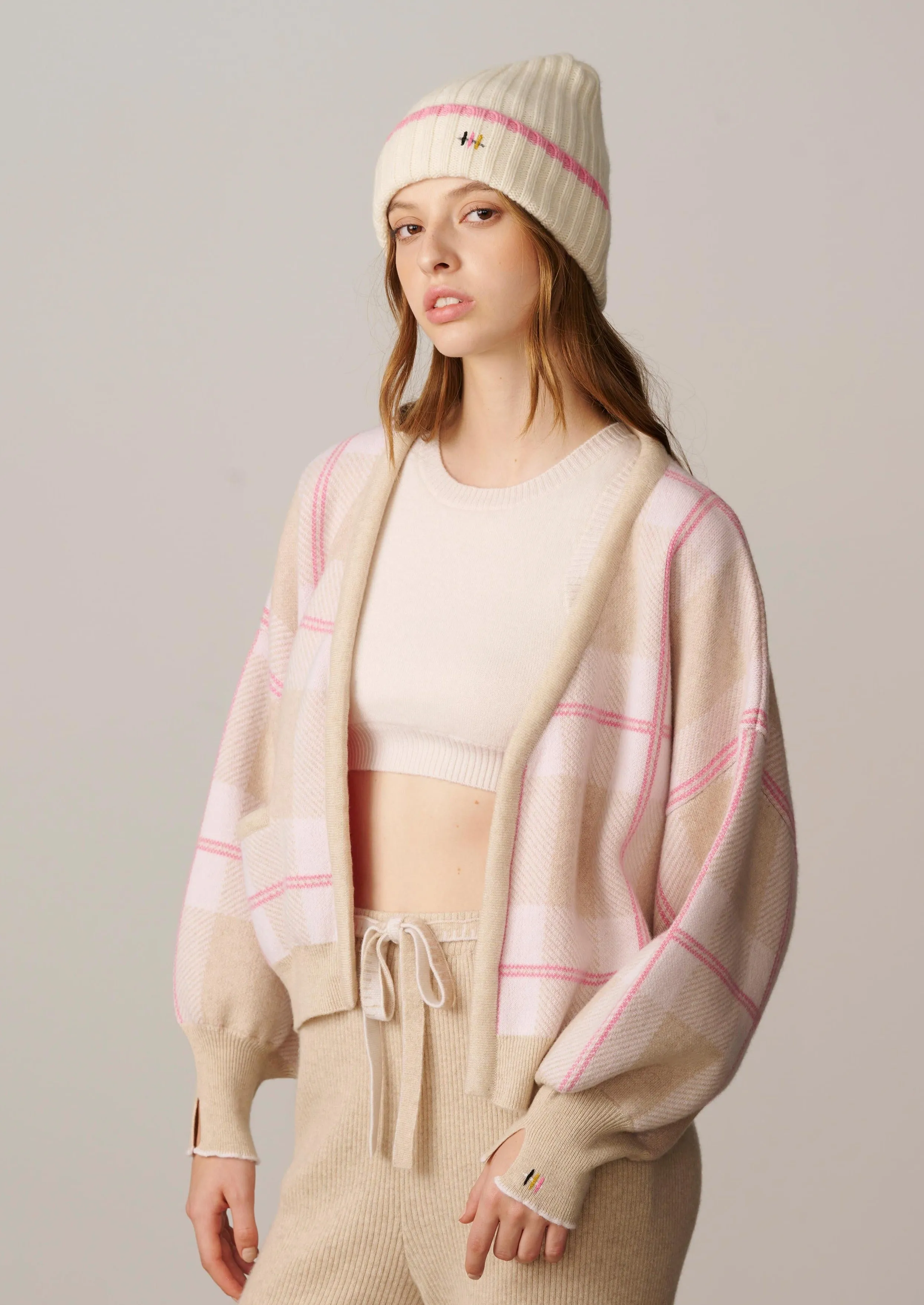 Charlotte Checked Cardigan - Beige