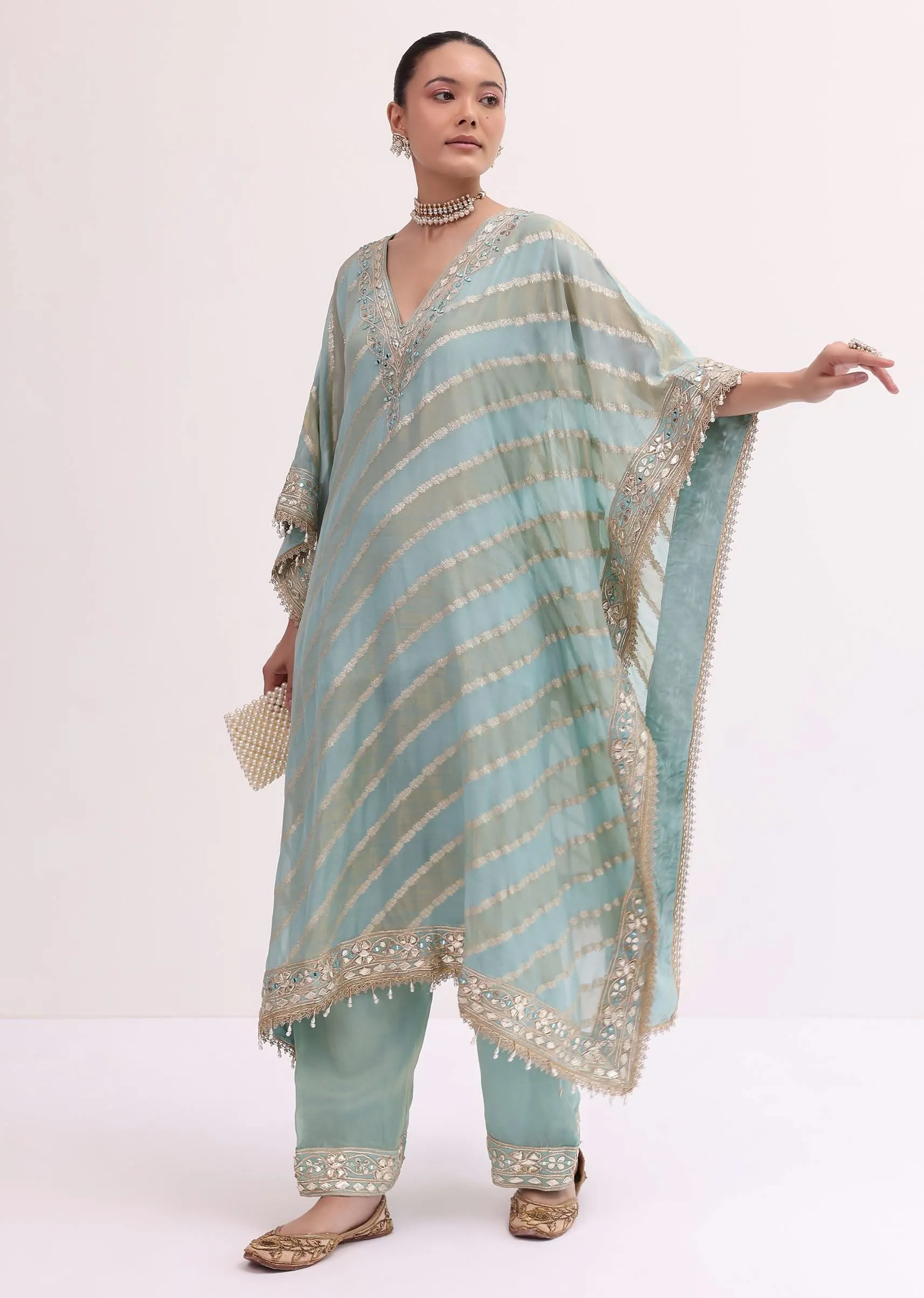 Mint Blue Chanderi Kaftan Kurta Pant