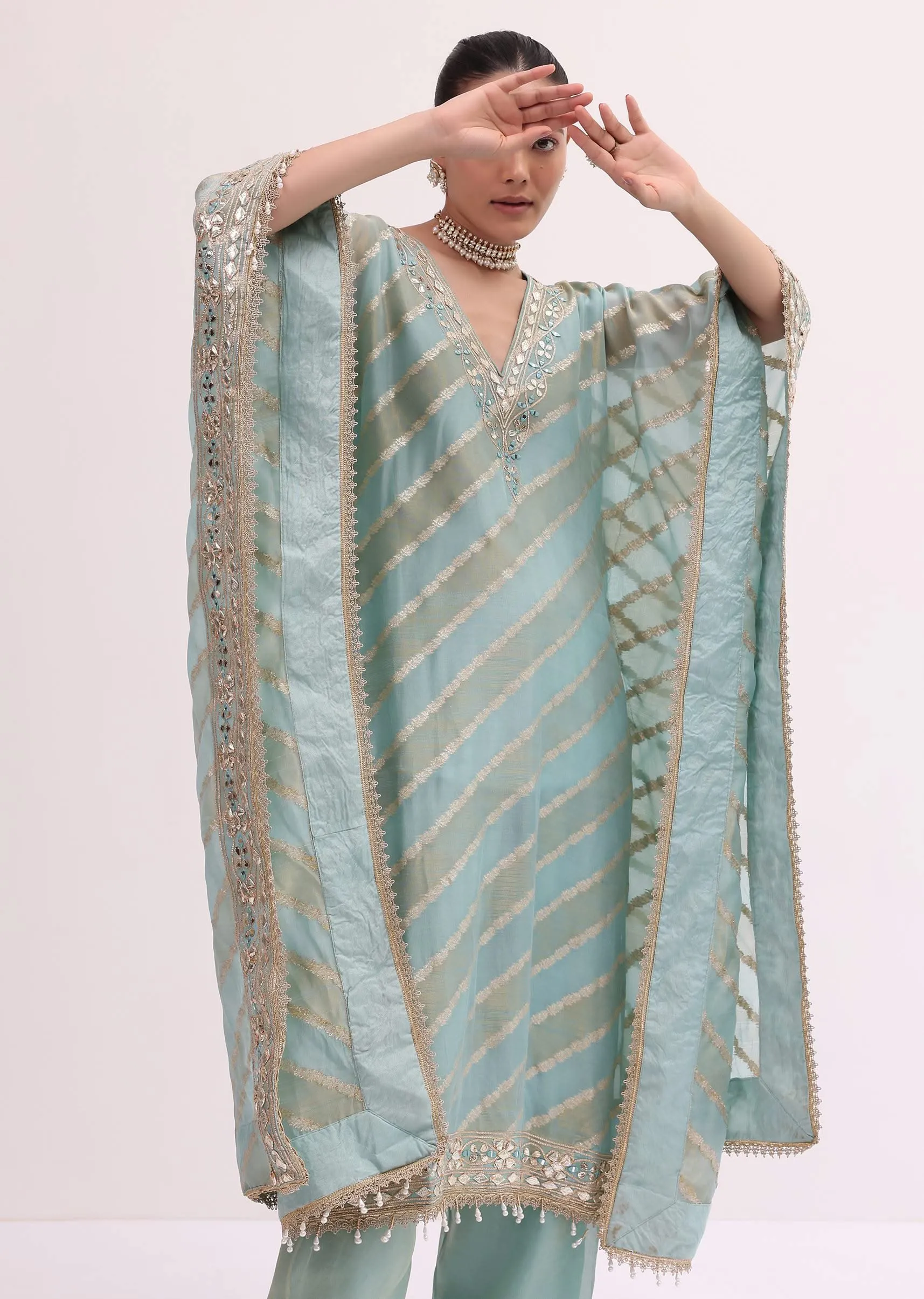 Mint Blue Chanderi Kaftan Kurta Pant