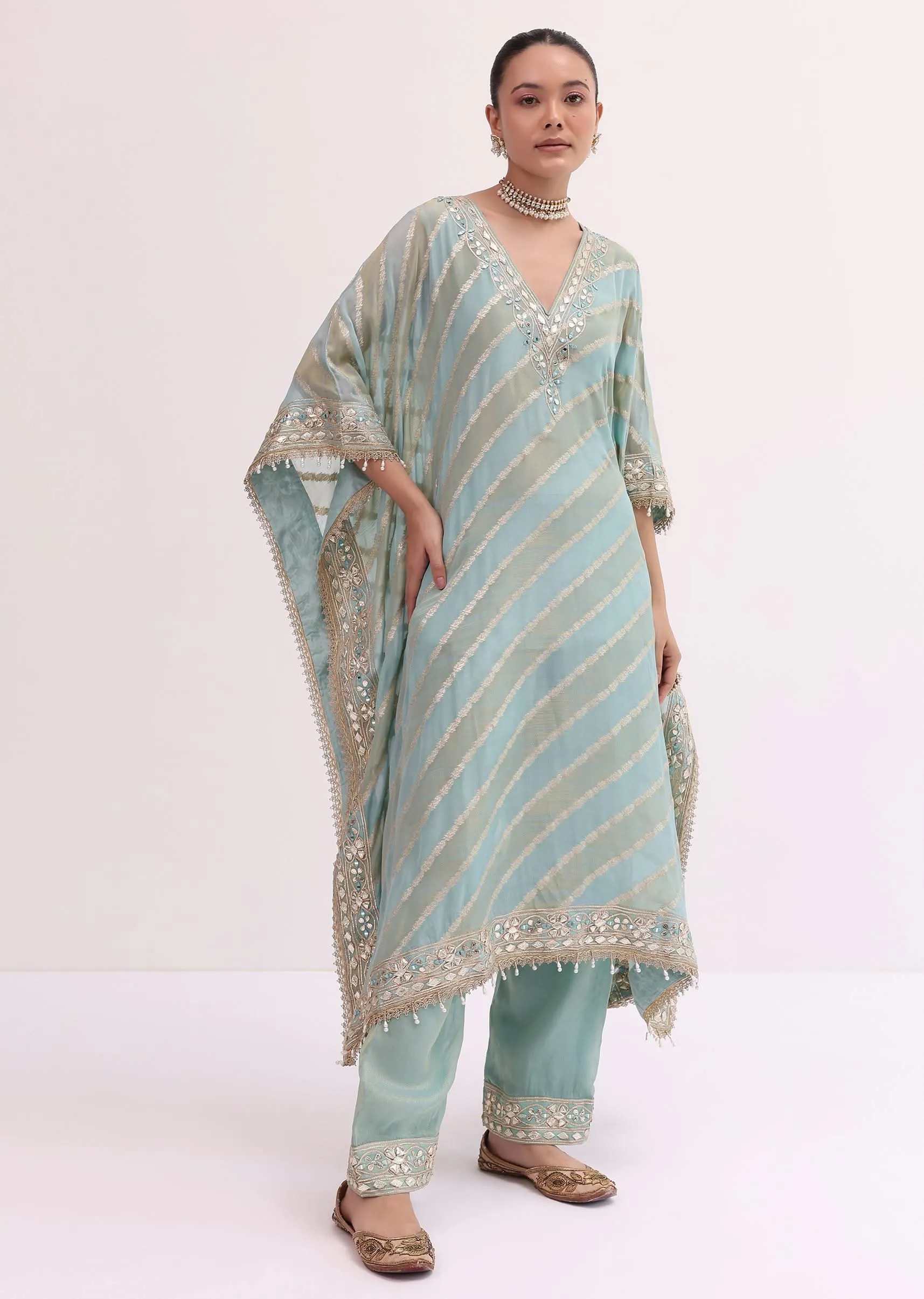 Mint Blue Chanderi Kaftan Kurta Pant