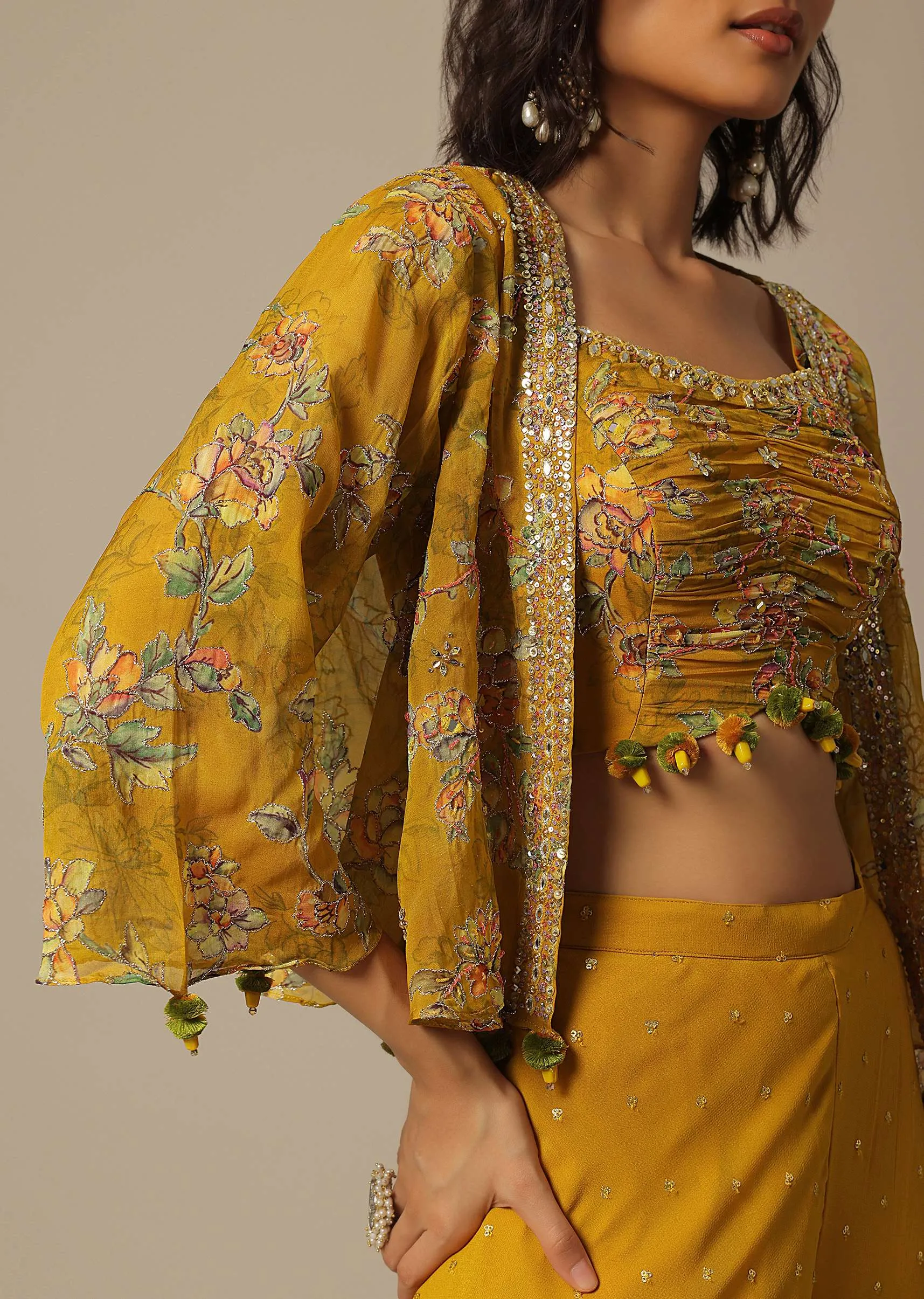 Mustard Crop Top Set With Embroidered Palazzo Pants