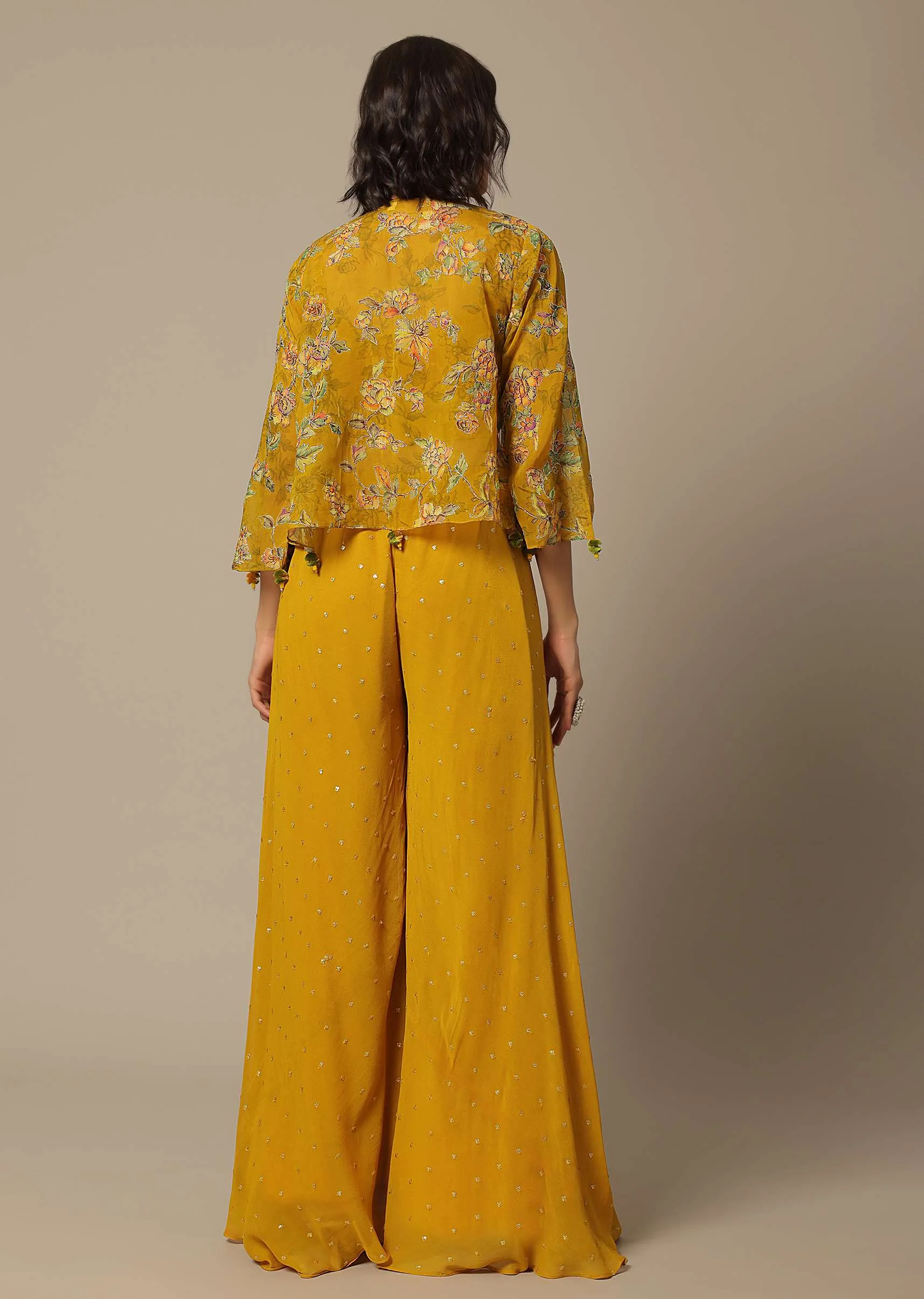Mustard Crop Top Set With Embroidered Palazzo Pants